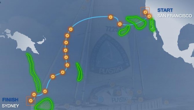 Plastiki’s planned route - green patches show areas of disturbing environmental degradation of the Pacific © SW